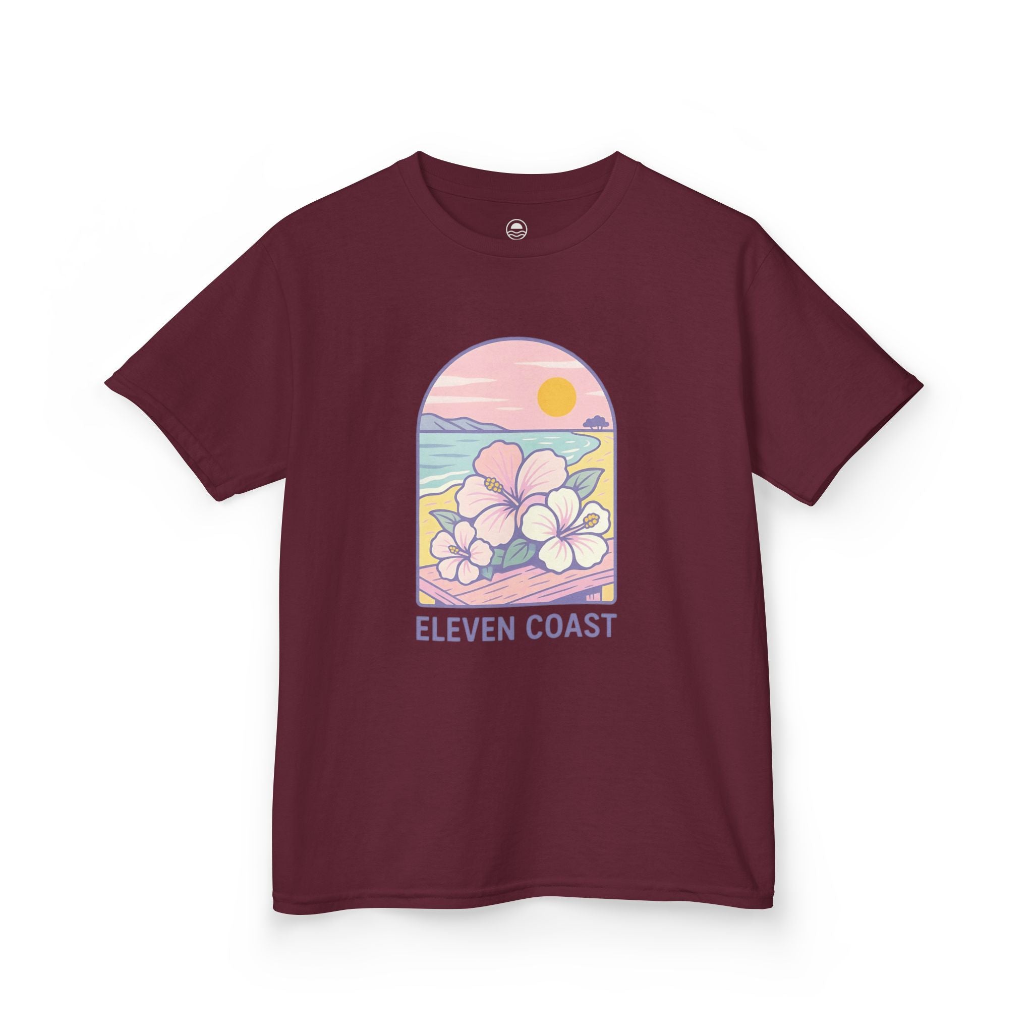 Kids Hibiscus Floral Tee Lavender Sea #en:color_maroon,fr:couleur_bordeaux