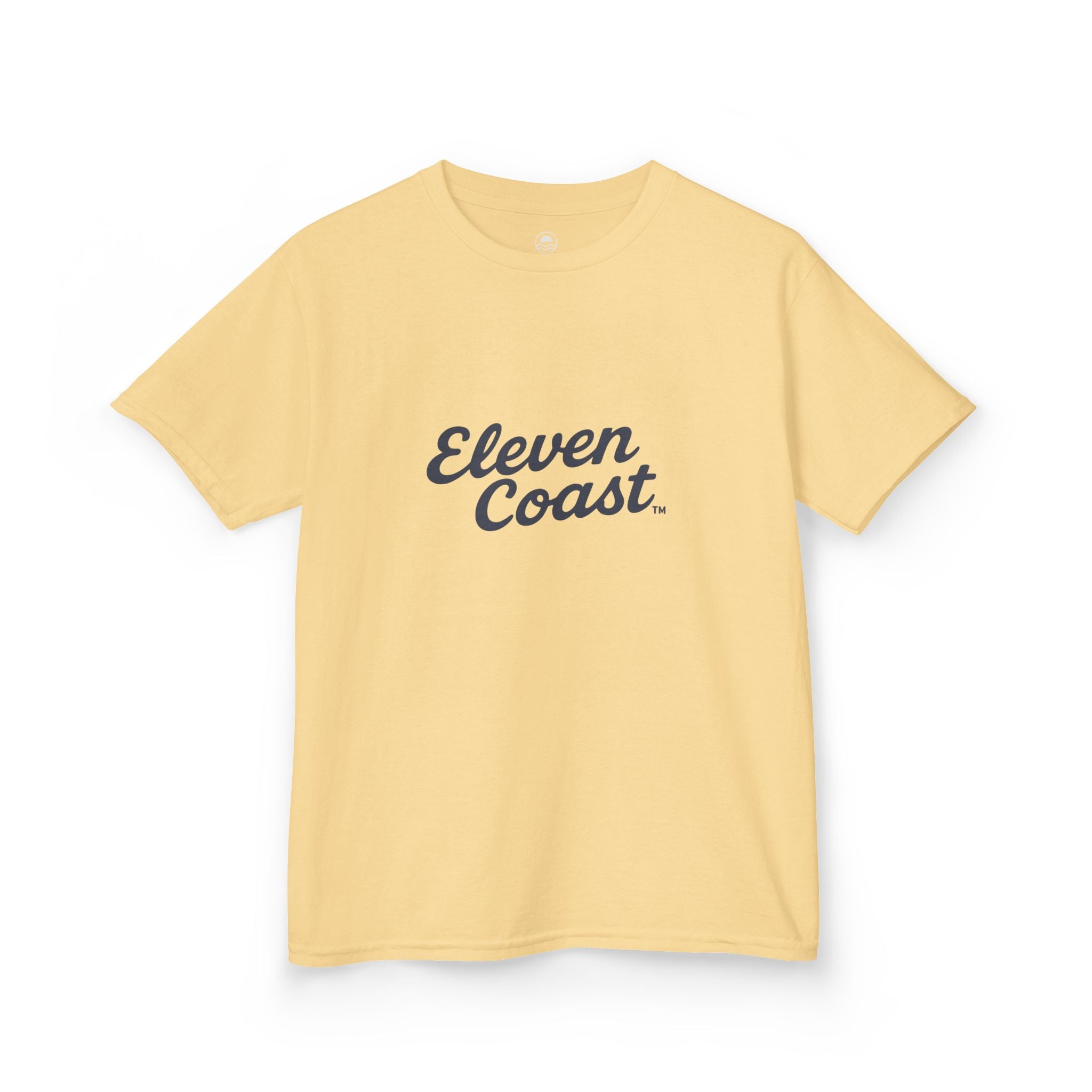 Kids Navy Script Logo Tee #en:color_yellow-haze,fr:couleur_brume-jaune