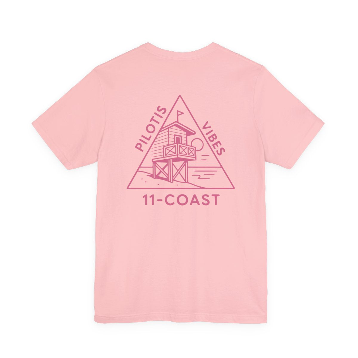 Men's Stilt Hut T-Shirt Pink Badge #en:color_pink,fr:couleur_rose